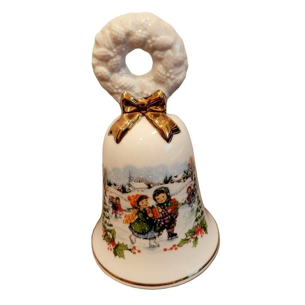 Avon 1986 Christmas Hand Bell Ornament Decoration Kids Ice Skating JH1386